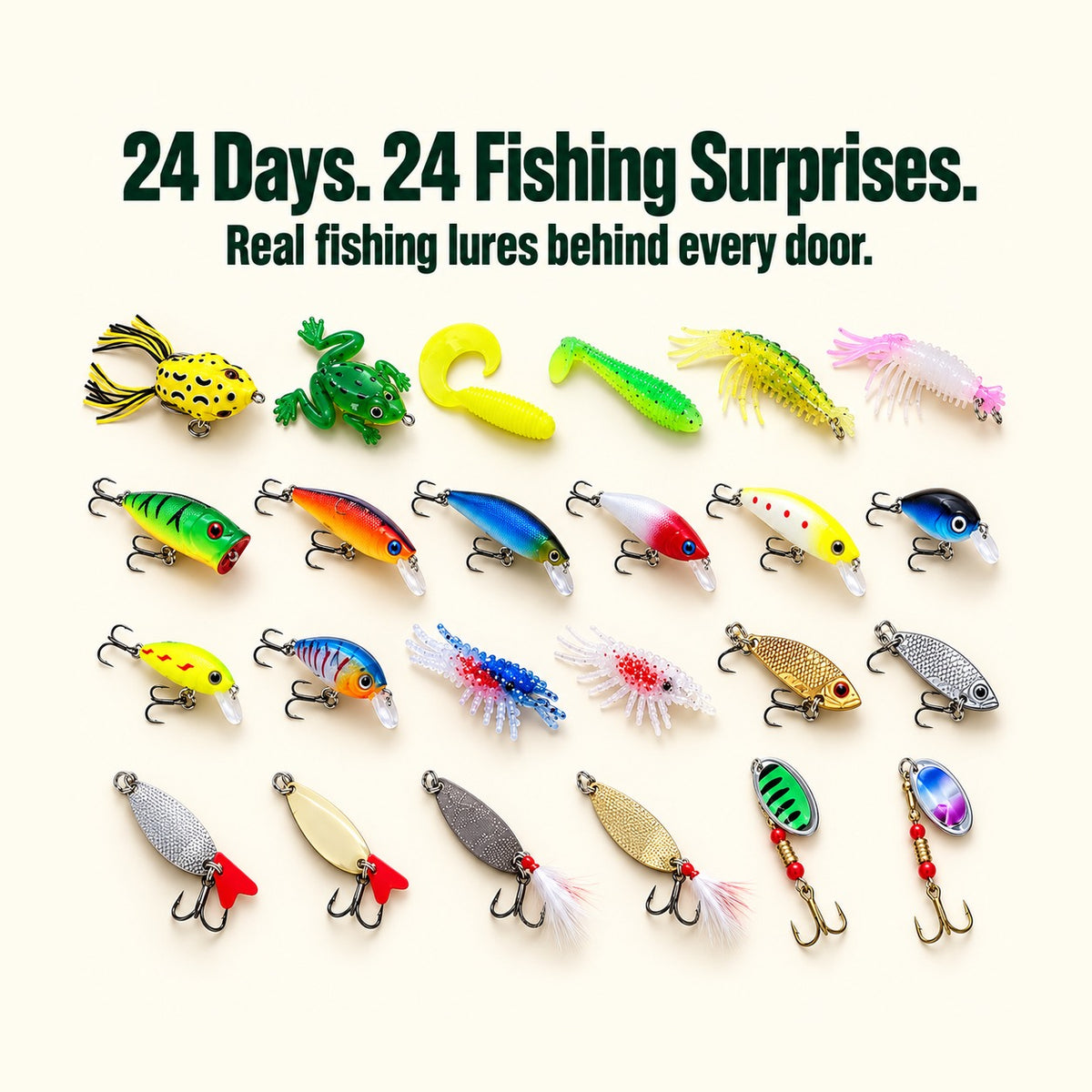All 24 fishing lures inside the advent calendar: frogs, soft baits, shrimp, crankbaits, spoons and spinners