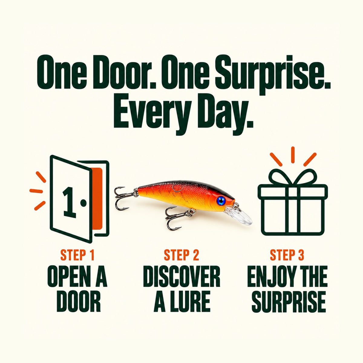 How the fishing advent calendar works: open a door, discover a lure, enjoy the surprise every day