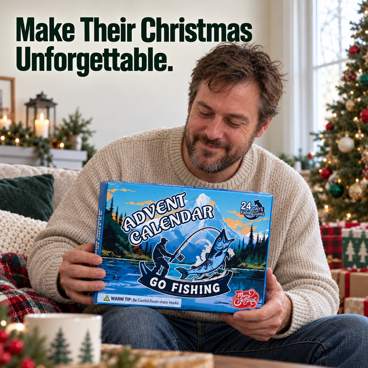 Man smiling as he holds the fishing advent calendar he got for Christmas