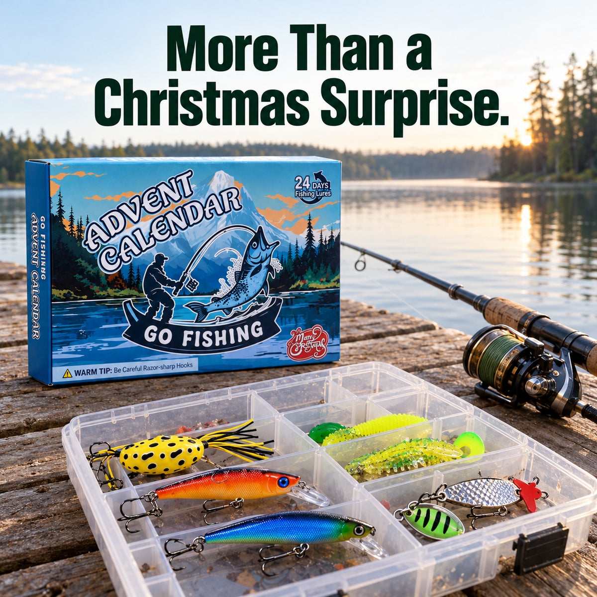 Fishing advent calendar on a lake dock at sunrise next to a rod and a tackle box of lures