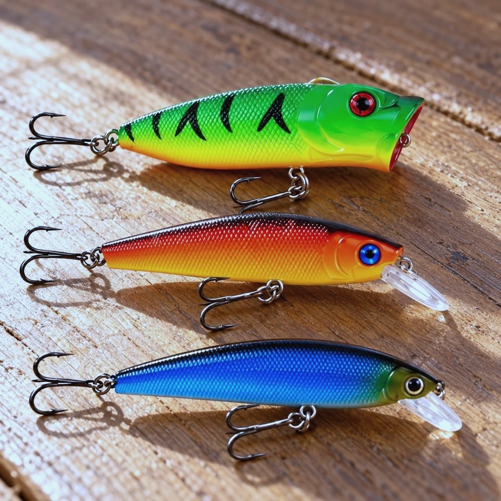 Three hard-bait crankbait lures in green, orange and blue from the fishing advent calendar