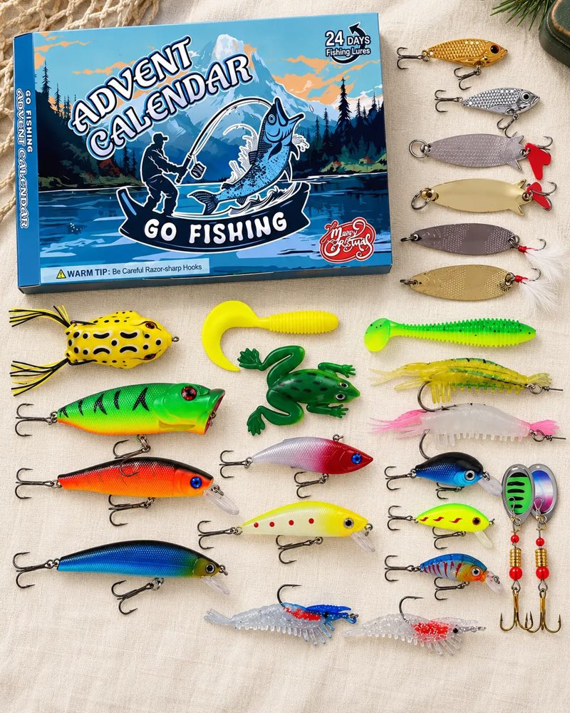 Flat lay of the box and all the lures on cream linen